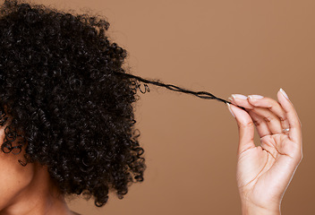 Image showing Haircare, beauty and black woman hand with curly hair on brown background in studio. Salon, wellness and girl holding curl marketing curls treatment products for growth, natural and healthy hairstyle.