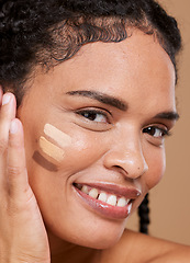 Image showing Makeup, black woman and face with tone cream lines, skincare and smile on brown studio background. Cosmetics, African American girl and young female with healthy skin, contouring smears and portrait