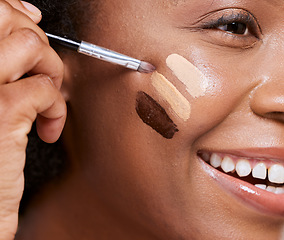 Image showing Happy black woman, zoom and foundation with brush for makeup, skincare and beauty with smile. Model, african woman and facial art for skin, face and dermatology in closeup for soft, glow and radiant