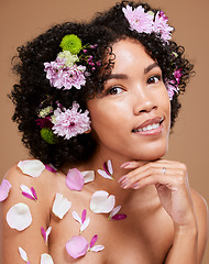 Image showing Beauty, art and black woman with flowers in hair in portrait with studio background. Nature, luxury spa and woman with flower crown, natural skincare or hair care product with sustainable ingredients