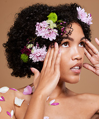 Image showing Flowers, skincare and woman in studio for beauty, skin and facial by nature, plant and product on brown background. Flower, crown and black woman and floral aesthetic for wellness, cosmetic and zen