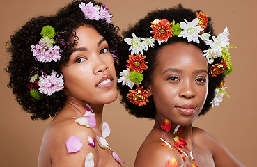 Image showing Beauty, flowers and skincare with black women friends together for natural cosmetics, makeup and self care mockup on studio background. Portrait of models for spring or floral aesthetic dermatology