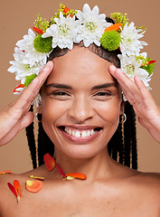 Image showing Flower crown, happy black woman and studio portrait for cosmetic makeup, natural beauty and skincare. Floral fashion, model happiness and girl smile on face for flowers, cosmetics or brown background