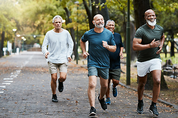 Image showing Senior, man group and running on street together for elderly fitness and urban wellness with happiness. Happy retirement, smile and runner club in workout, diversity and teamwork in park for health