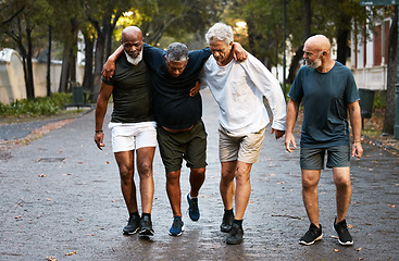 Image showing Help, injury and fitness with man friends in a park together for exercise, training or fitness. Health, workout and accident with a male athlete suffering in pain during outdoor sports with a friend