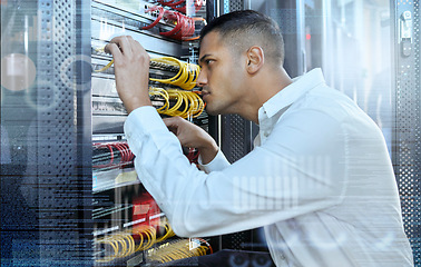 Image showing Data center, IT technician and man in server room for 404 error, glitch and cybersecurity with cables for motherboard maintenance and assessment. Engineer working on connection for digital network