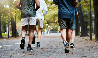 Image showing Fitness, men and running club in park, cropped legs in nature for exercise on garden path together. Motivation, workout and friendship, group of senior friends run, health and wellness in retirement.
