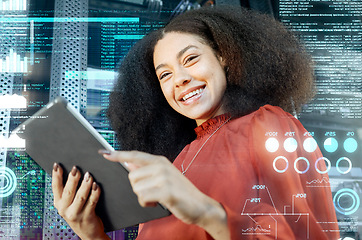 Image showing Overlay, futuristic and business woman with tablet, for 3d, trading and analytics for fintech data or tech. Double exposure, information technology and ai on website dashboard with digital technology