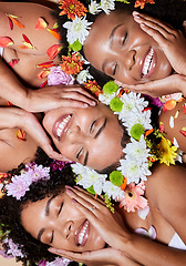 Image showing Black woman, flowers and face skincare beauty for cosmetics makeup or natural skin wellness. African friends, floral crown and nature product for luxury plant aesthetic or relax, zen and facial care