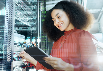 Image showing Black woman, tablet and server check internet connection, cyber security or coding programming information. IT specialist, female programmer and lady work on cloud computing, system admin and online.