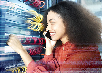 Image showing Server, engineer and phone call in data center with futuristic overlay for cloud computing, maintenance and big data. Tech, cyber security and smartphone communication of black woman in it career.