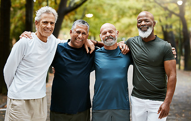 Image showing Fitness portrait of senior diversity friends on outdoor exercise run, cardio training or nature park friendship reunion. Solidarity, retirement health and group of people, runner or men in London UK