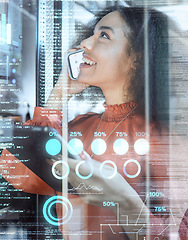 Image showing Overlay, chart and software engineer with phone call, graph and analytics with server maintenance or upgrade with tablet. Happy programmer, woman and check data, double exposure and technology coding