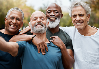 Image showing Senior, man group and fitness selfie at park together for elderly health or wellness for happiness smile. Happy retirement, friends portrait or runner club in diversity, teamwork or outdoor training