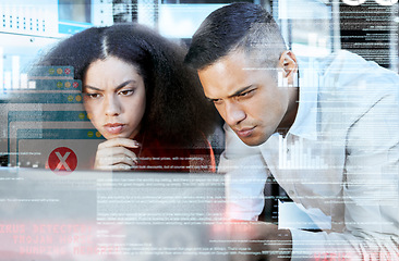 Image showing Hacker, overlay or programmer with futuristic data in server for cybersecurity, 404 network glitch or data analysis. IT, teamwork or developer for ux design, future big data or fintech and ai tech
