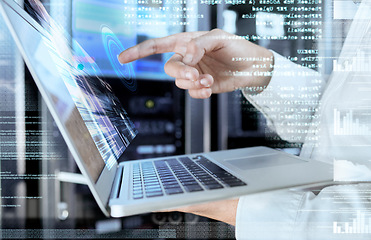 Image showing 3d, futuristic and cloud laptop hands of expert working on update with projection and overlay. Tech, digital and professional it employee busy with server cybersecurity and system maintenance.