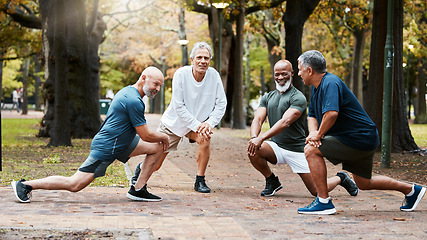 Image showing Senior, man group and stretching at outdoor together for elderly fitness or urban wellness for happiness. Happy retirement, friends workout or exercise club in diversity, teamwork or health lunges