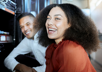 Image showing Portrait, black woman and information technology, server and happy worker, funny conversation and teamwork in IT. Computer engineer, woman and man working of hardware upgrade, maintenance and ai tech