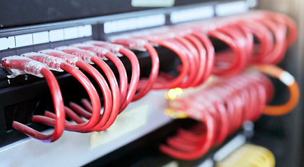 Image showing IT, server and cables for cyber security, internet safety and information technology in business. Cybersecurity, server room and data center with connection for digital security in zoom closeup