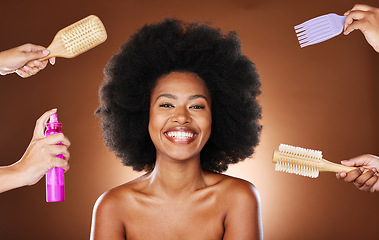 Image showing Portrait, hair care and black woman with smile, hair products and happy for styling, joy and confident on brown studio background. African American female, afro and scalp massage for growth and care
