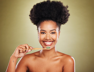 Image showing Dental, wood toothbrush or black woman with smile for teeth wellness, cleaning or eco friendly in studio background. Girl, happy portrait with bamboo brush, healthcare or teeth whitening product