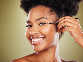 Image showing Makeup, eyeliner pencil and black woman with smile, skincare and natural beauty for wellness against studio background. Cosmetics, African American female or happy girl with eye lashes and portrait.