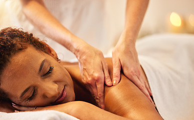 Image showing Spa, massage and wellness of a woman skincare at a luxury resort or health therapy for zen treatment. Massage therapist hands for body care, relax and skin session of a mature customer feeling calm