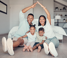 Image showing Family, roof and hands together for portrait on bedroom floor for insurance, support bonding and quality time. Security, protection and happy parents with children for love or safety in family home
