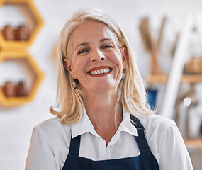 Image showing Small business owner, portrait and woman with smile for startup success, product sales and sustainable marketplace. Senior manager, boss or retail worker in a cafe, store or shop with commerce goals