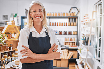 Image showing Senior woman, shop and portrait for small business entrepreneur in organic honey store with smile. Elderly, business owner and natural food, product and shopkeeper with happiness, success and vision
