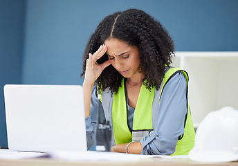 Image showing Construction, stress and woman engineer at laptop, architect or contractor in office with headache from work. Burnout, anxiety and deadline for building project, black woman in safety vest at desk.