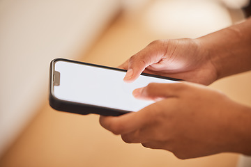 Image showing Smartphone, hands and mockup screen for mobile chat app, product placement and branding design zoom. Typing, using phone or cellphone for social media, networking or online website information search