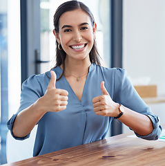 Image showing Thumbs up, business woman and portrait in office startup workplace for like, career success or target achievement. Corporate manager, boss or leader with thank you, support or agreement hands sign