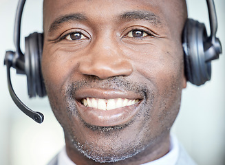 Image showing Call center, face and smile with portrait of businessman for telemarketing, consulting and customer support. Ecommerce, telecom and microphone with black man for crm, help desk and contact us service