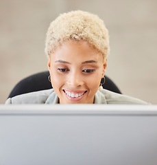 Image showing Happy, business woman and computer working in a startup office. Smile and corporate entrepreneur happiness while typing email or reading online report with research or planning in a corporate company