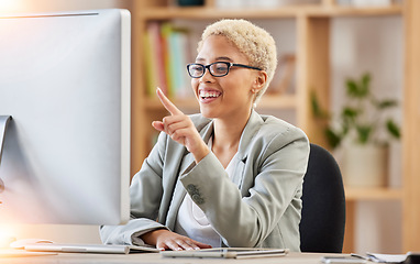 Image showing Computer, success and business black woman for office desk solution, problem solving and ppt presentation review with smile, African worker in glasses, corporate administration and desktop analysis