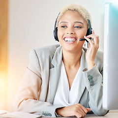 Image showing Call center, consulting and help with black woman at computer for telemarketing, customer support and communication. Smile, contact us and crm with employee in office for advice, agent and sales