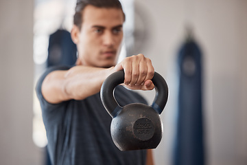 Image showing Fitness, kettlebell and bodybuilder with man in gym for training, workout and endurance. Health, exercise and weightlifting with strong athlete for power, wellness and performance in sports club