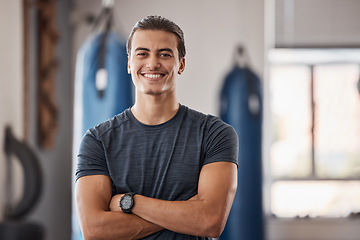 Image showing Gym, fitness and portrait of proud man standing with smile, motivation, health and energy for training. Coach, personal trainer or happy boxing club owner in studio for workout, coaching and wellness