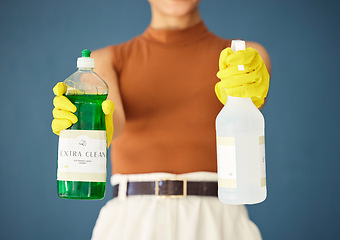 Image showing Product for cleaning, home maintenance and cleaning service, chemical and soap for hygiene mockup. Spring cleaning, spray bottle and detergent advertising, woman with gloves against studio background