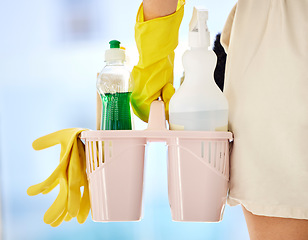 Image showing Cleaning, product and soap with hands of woman with bucket for bacteria, safety and chemical. Dust, spray and liquid with cleaner and container for disinfection, healthcare and germs protection