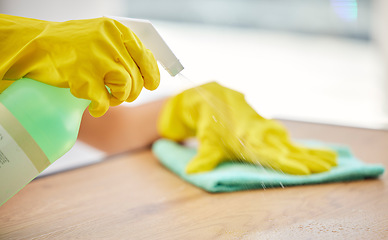 Image showing Cleaning, spray and hands of woman with table furniture for healthcare, safety and bacteria. Dust, chemical and product with cleaner and cloth at home for disinfection, virus and germs protection