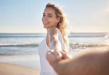 Image showing Love portrait, woman pov and holding hands on beach and happy relationship, anniversary and embrace while on holiday together. Romance, man and woman smile, loving and bonding with sunset on vacation