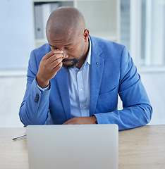 Image showing Businessman, laptop and headache in burnout, stress or depression from overworking at the office. Black man employee suffering in mental health problems or strained eyes from long hours on computer