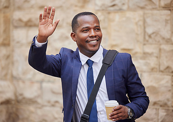 Image showing Black man, corporate and stop taxi, transport or greeting with suit, coffee or smile in city. African businessman, wave hand and metro for transportation, cab and happy while waiting for urban travel