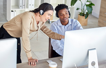 Image showing Black man, woman or call center computer training in crm consulting office, b2b telemarketing sales company or contact us startup. Talking receptionist, worker and employee in intern technology help