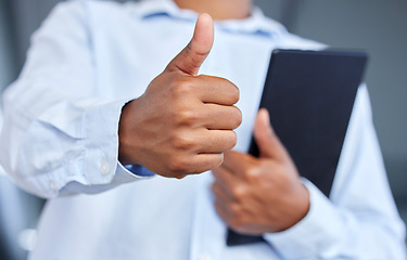 Image showing Business, technology and hand with tablet and thumbs up for success, thank you and working online. Corporate, agreement and businessman with digital notebook for using internet, ecommerce and website