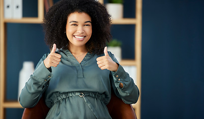 Image showing Business success, black woman and thumbs up from CEO, boss or leader for achievement, support and goal while in office with a smile, happiness and pride. Portrait of entrepreneur happy about growth