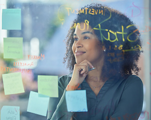 Image showing Black woman, business and brainstorming, board and sticky notes with ideas for project, planning and strategy for marketing or investment firm. Thinking, professional and vision, innovation and plan