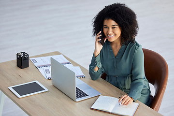 Image showing Phone call, notebook and laptop with business woman for planning, schedule and consulting. Agenda, networking and communication with black woman writing in for calendar, reception and administration